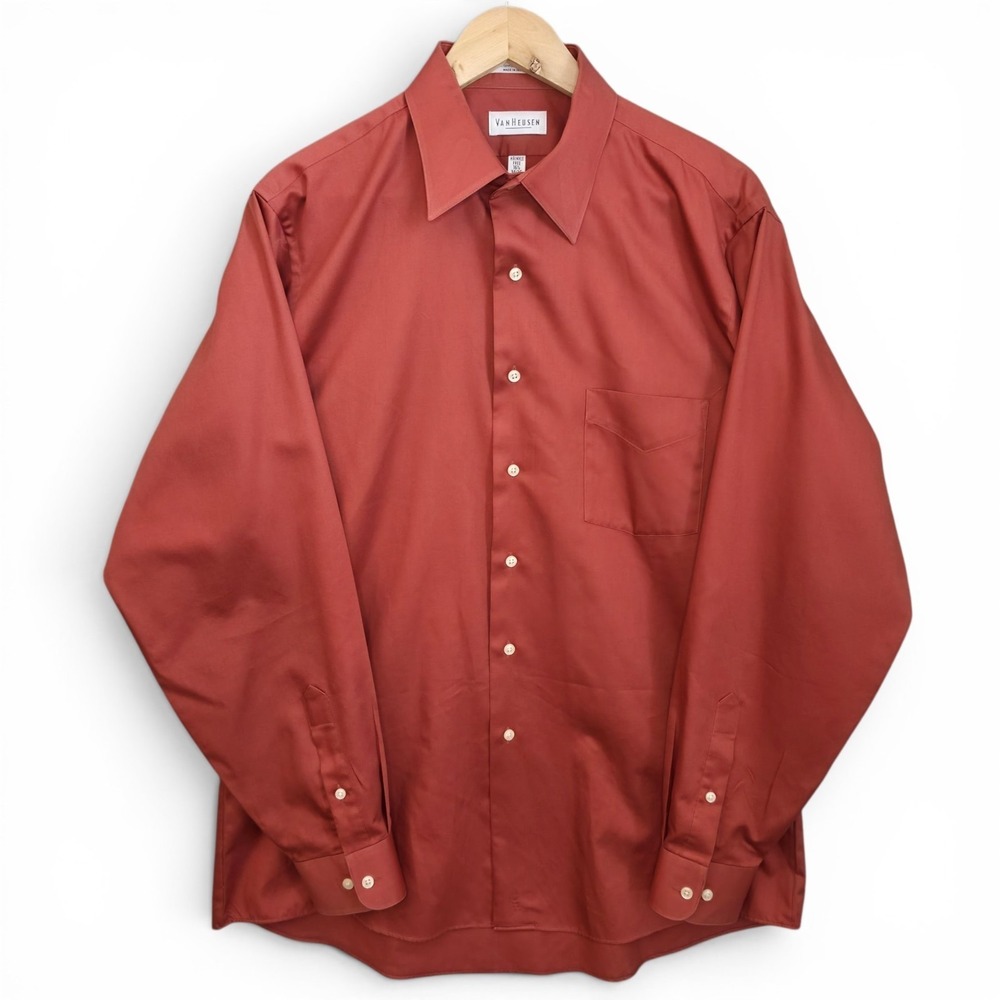 Van Heusen Dress Shirt Mens 16.5 34/35 Terracotta Red Button Lux Sateen Career